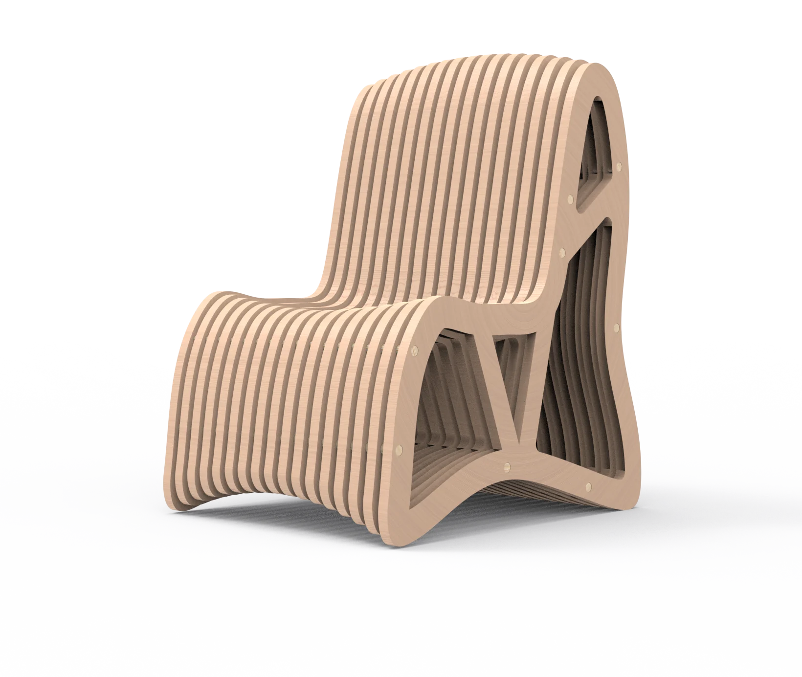 Sculptural wooden slat chair with flowing curves and layered construction